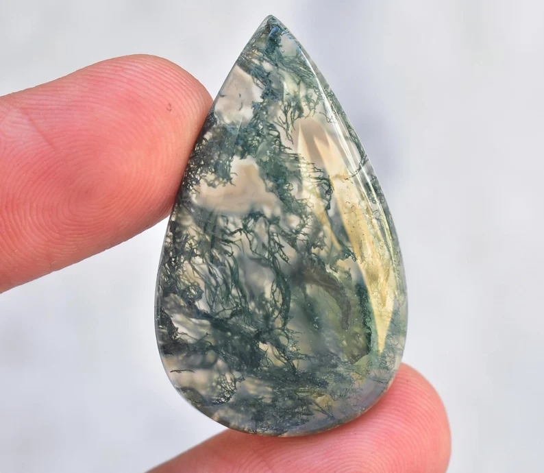 Green Moss Agate Cabochon / High Quality Green Moss Agate Gemstone / Pear Shape / 39.00 Ct. / 38x23x6 mm / Loose Gemstone / J-35