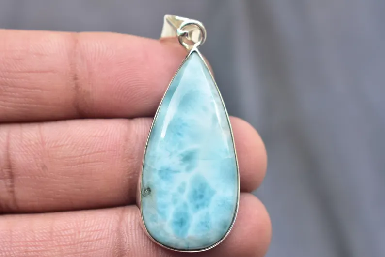 Larimar Cabochon / Stamped 925 Sterling Silver Pendant / For Jewelry / Pear Shape / Loose Gemstone Jewelry P-545