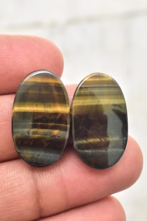 Title: Tiger Eye Pair Cabochon / Tiger Eye Pair Gemstone / Oval Shape / 31.50 Ct. / 25x15x4 mm. / Loose Gemstone / Q-180