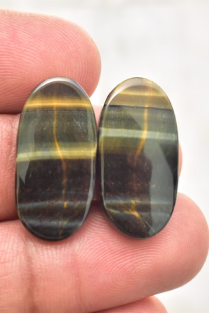 Title: Tiger Eye Pair Cabochon / Tiger Eye Pair Gemstone / Oval Shape / 25.05 Ct. / 25x12x4 mm. / Loose Gemstone / Q-168