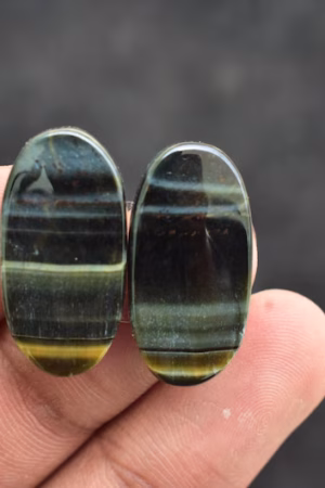 Title: Tiger Eye Pair Cabochon / Tiger Eye Pair Gemstone / Oval Shape / 24.95 Ct. / 24×12×4 mm. / Loose Gemstone / Q‑177