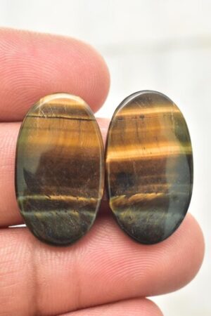 Title: Tiger Eye Pair Cabochon / Tiger Eye Pair Gemstone / Oval Shape / 26.65 Ct. / 26×15×4 mm. / Loose Gemstone / Q‑181