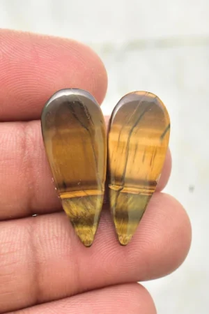 Title: Tiger Eye Pair Cabochon / Tiger Eye Pair Gemstone / Oval Shape / 25.00 Ct. / 25×13×4 mm. / Loose Gemstone / Q‑172