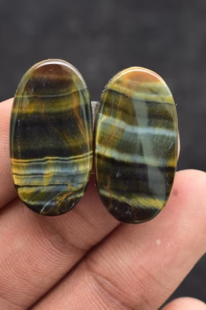 Title: Tiger Eye Pair Cabochon / Tiger Eye Pair Gemstone / Oval Shape / 29.00 Ct. / 26×14×4 mm. / Loose Gemstone / Q‑171
