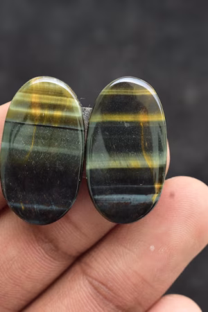Title: Tiger Eye Pair Cabochon / Tiger Eye Pair Gemstone / Oval Shape / 29.60 Ct. / 26×14×4 mm. / Loose Gemstone / Q‑186