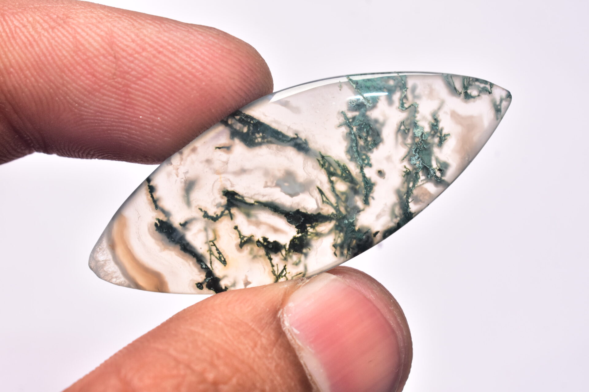 Solar Moss Agate Cabochon / Top Grade Solar Moss Agate Gemstone / Marquise Shape / 25.10 ct. / 47x19x4 mm. Loose Gemstone B-199